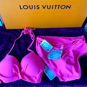 2piece hot pink high waist swim suit